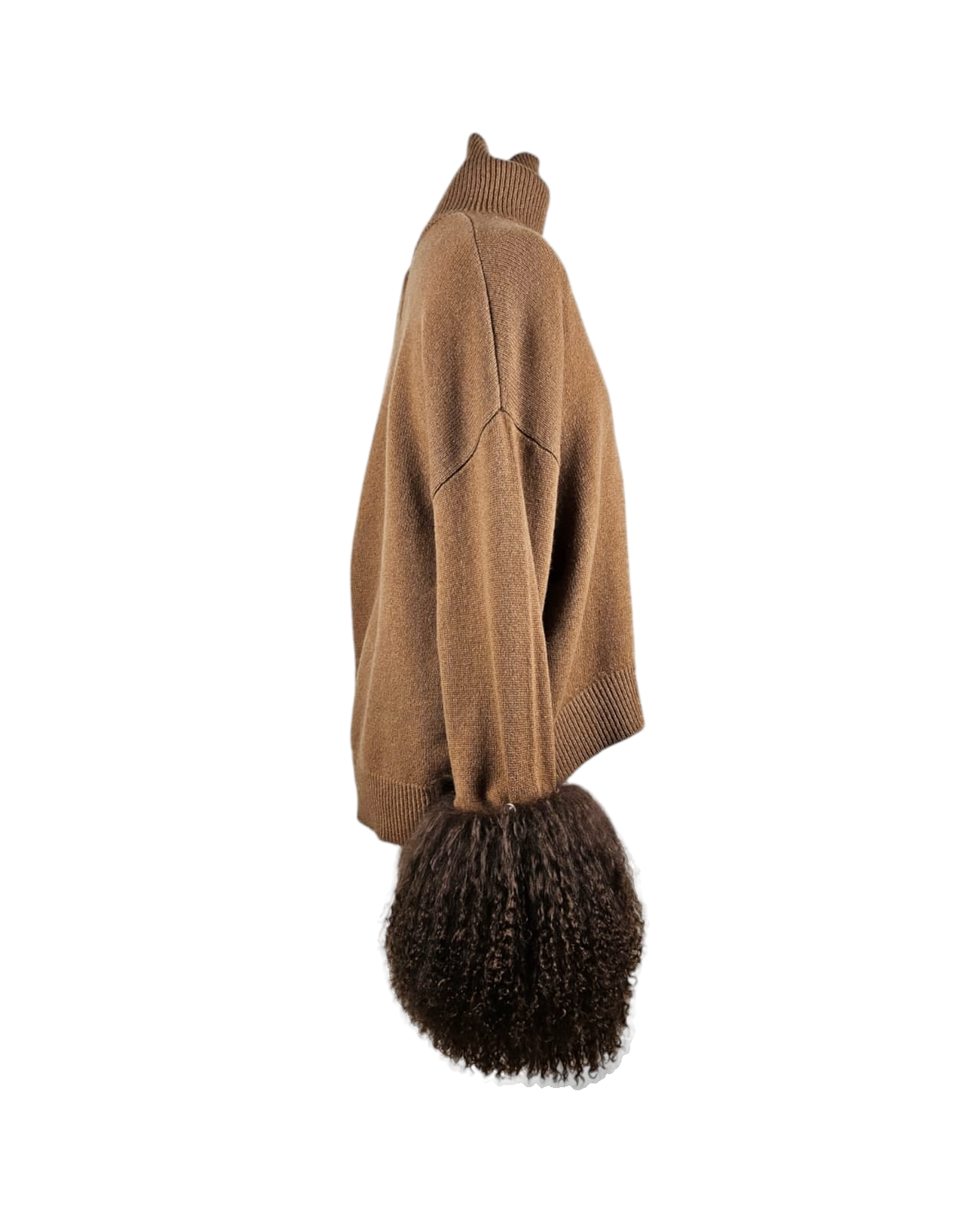 Daria brown wool-blend jumper by Aql&Nafs with detachable Mongolian fur cuffs
