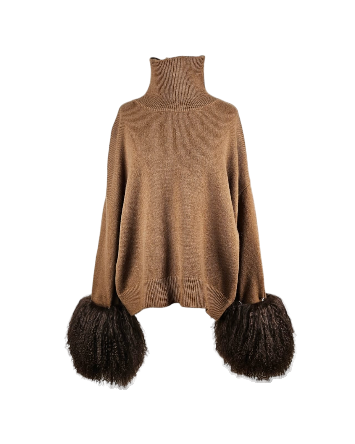 Daria brown wool-blend jumper by Aql&Nafs with detachable Mongolian fur cuffs