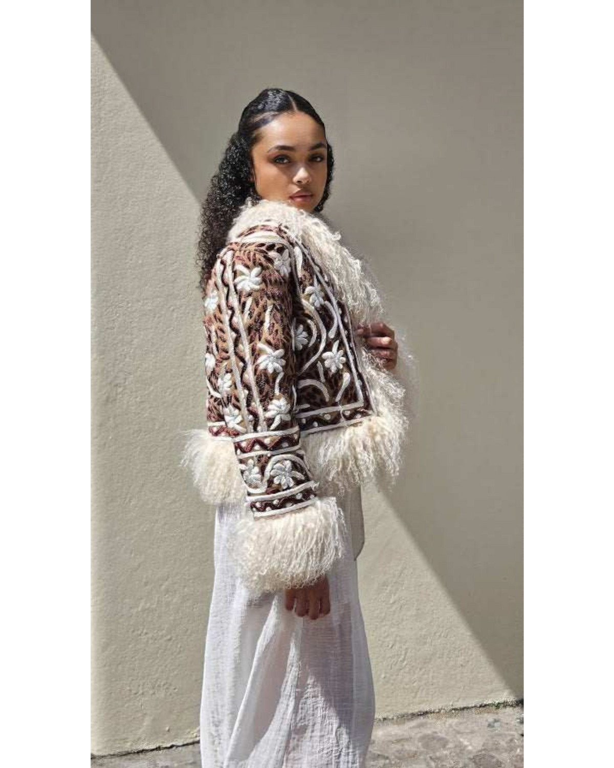 Handmade Afghan Shearling Jacket – White Floral Embroidery (Size S)