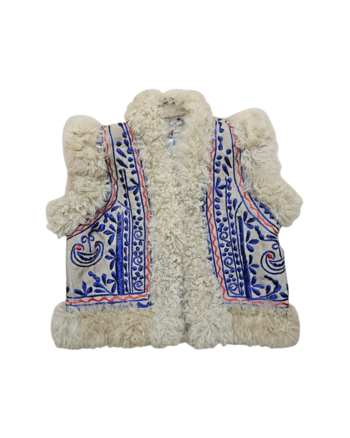 Aql&Nafs handbestickte afghanische Weste in Beige mit kobaltblauen Blumenmustern und weichem Lammfellfutter