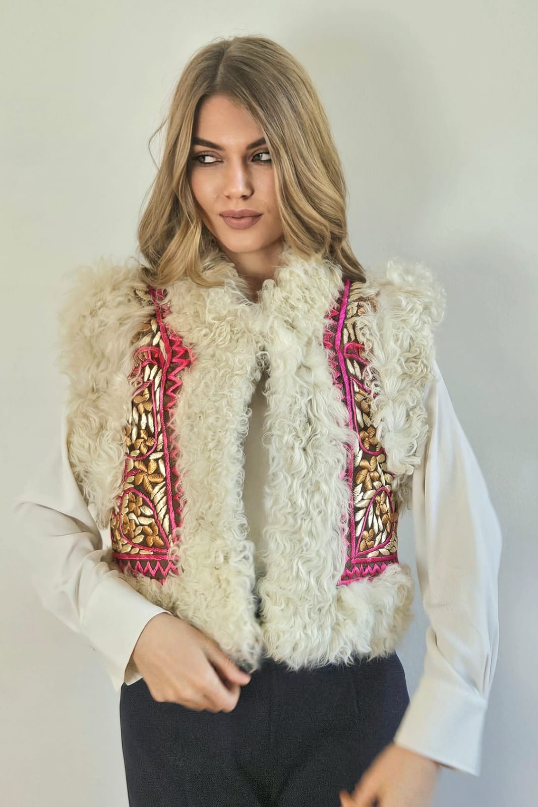 Nasrin Shearling Vest: Afghan Floral Embroidery | Aql&Nafs