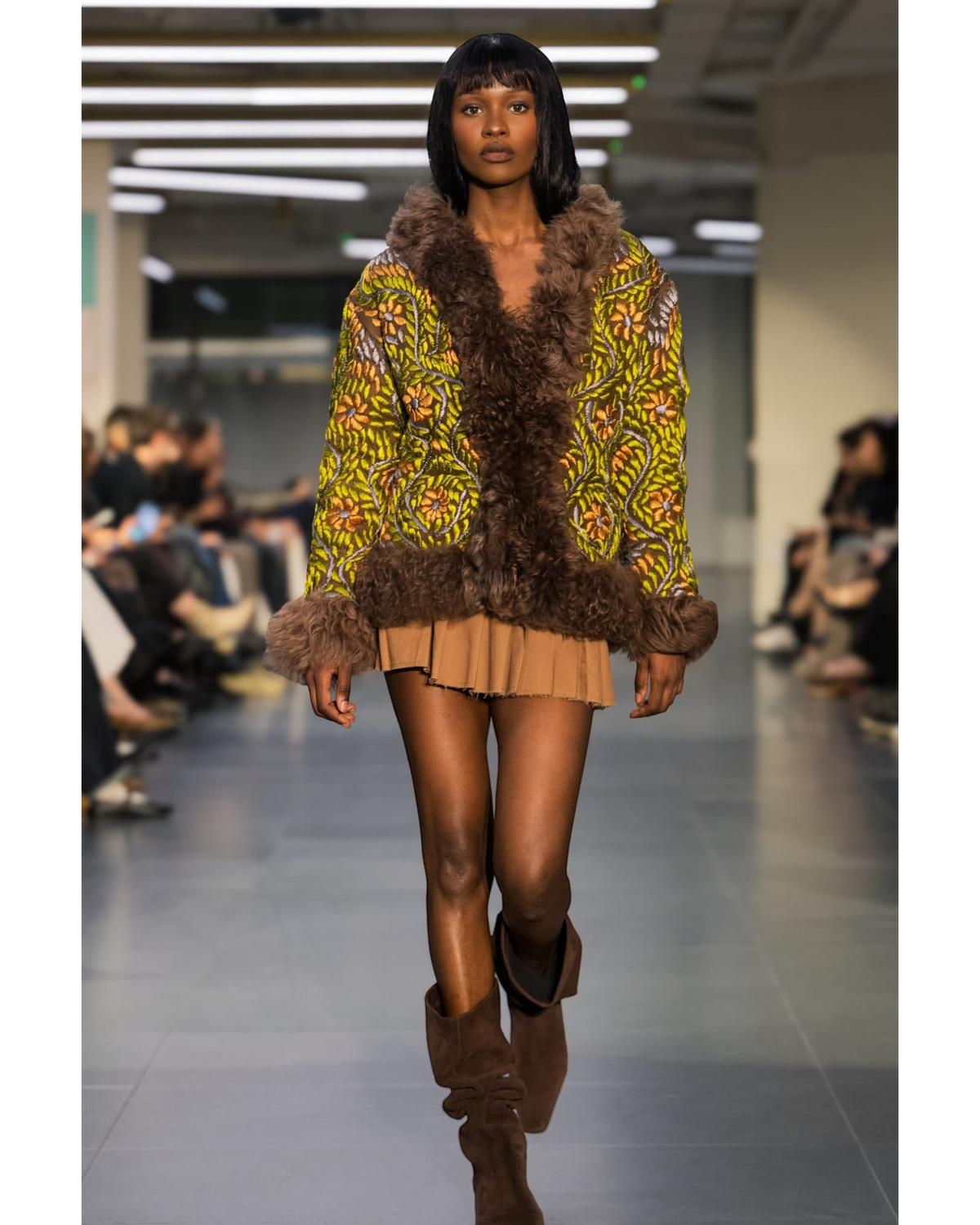 Zohra handmade Afghan jacket by Aql&Nafs – green and gold embroidery, brown shearling