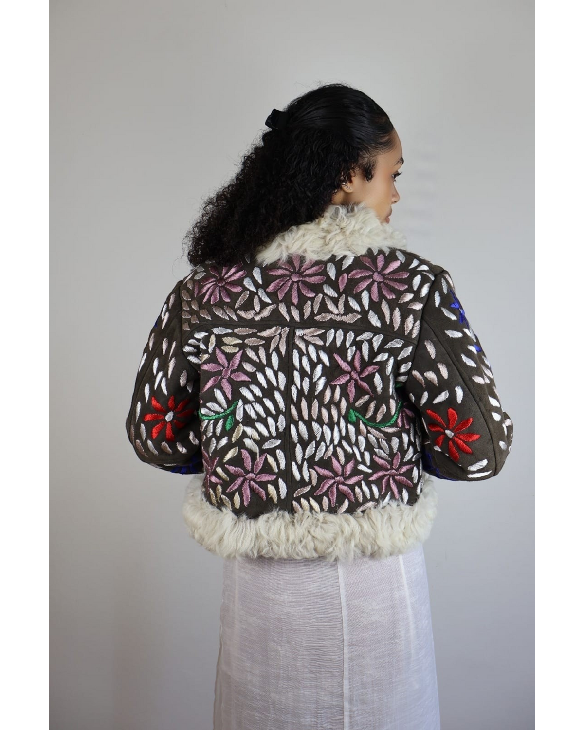 Amina handmade Afghan jacket by Aql&Nafs – floral embroidery, shearling trim