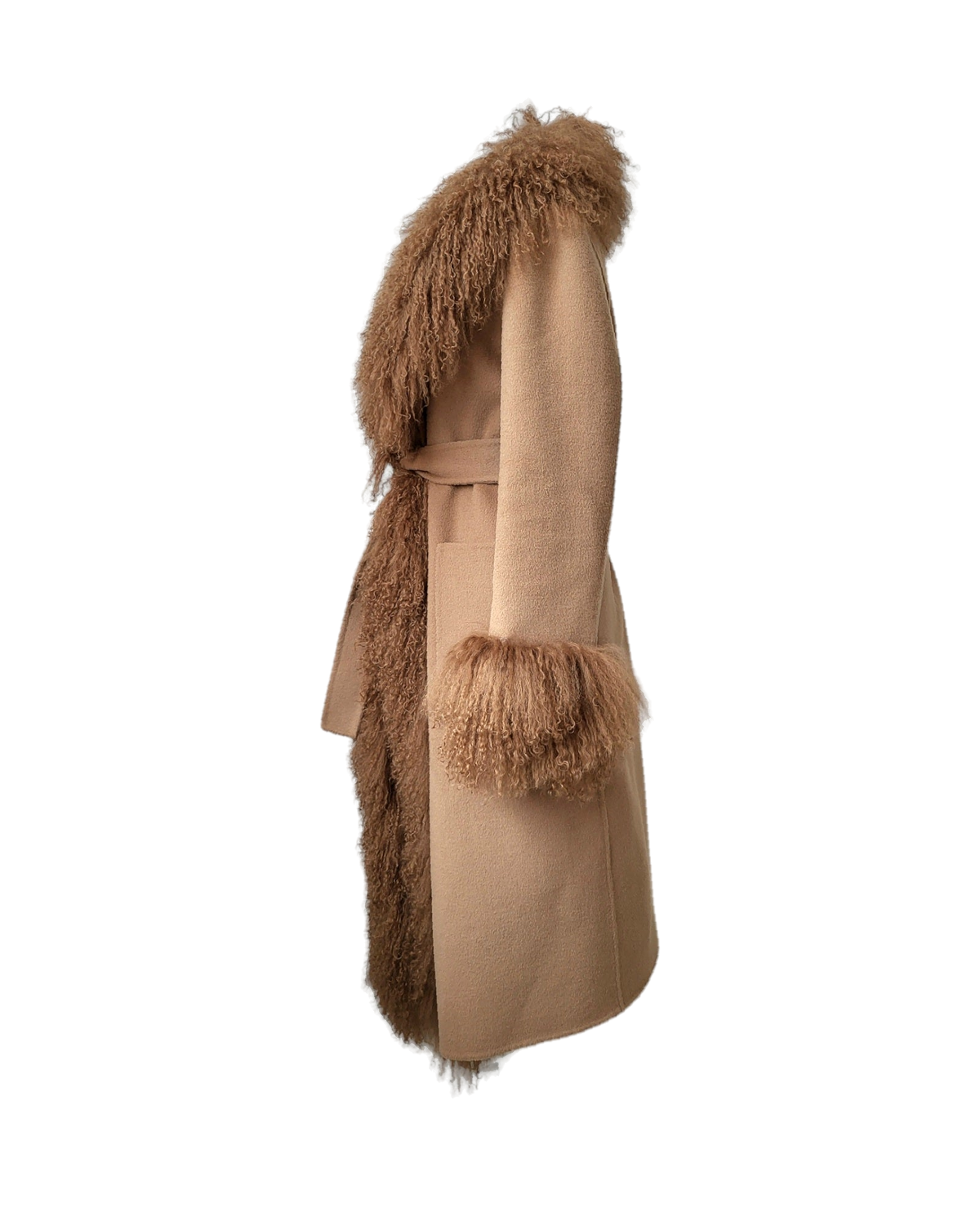 Sofia coat by Aql&Nafs in camel cashmere-wool with shearling at collar and cuffs