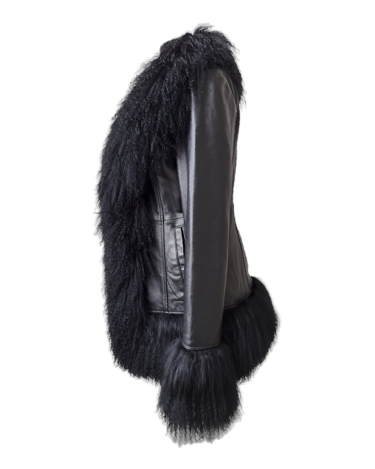 Saman coat by Aql&Nafs in black leather with long-haired black shearling at collar and cuffs