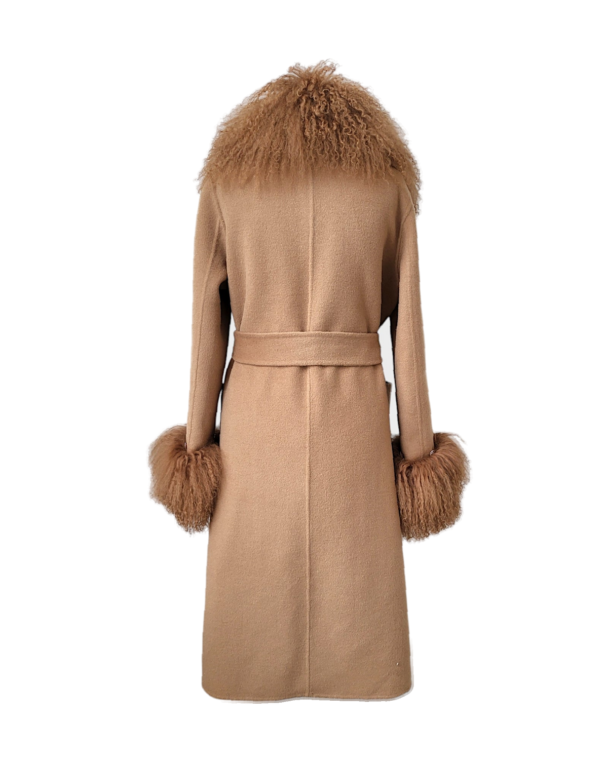 Sofia coat by Aql&Nafs in camel cashmere-wool with shearling at collar and cuffs