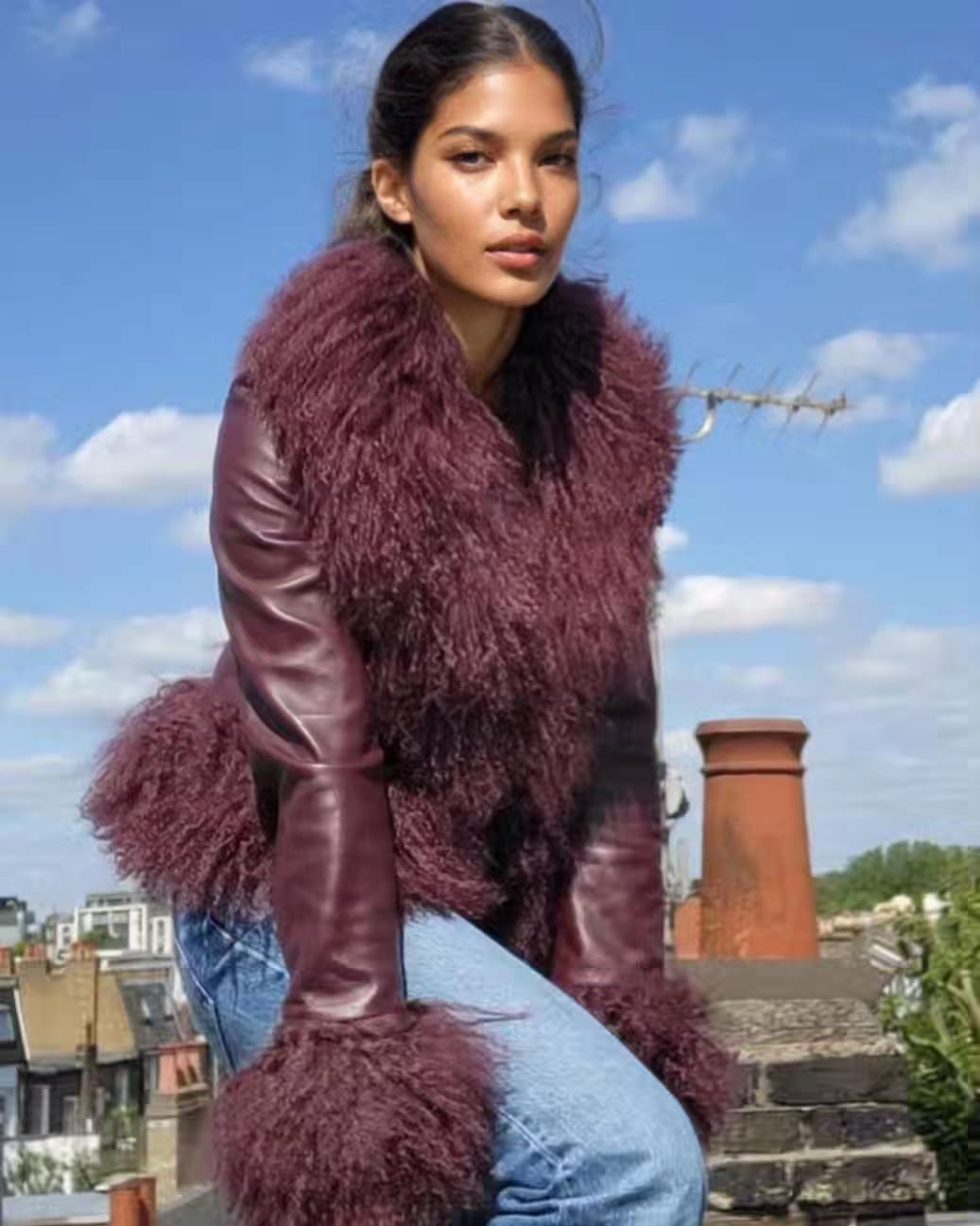 Cropped Shearling Jacket in Burgundy #Colour_Burgundy