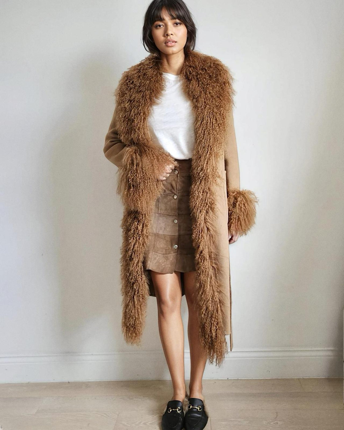 Sofia coat by Aql&Nafs in camel cashmere-wool with shearling at collar and cuffs