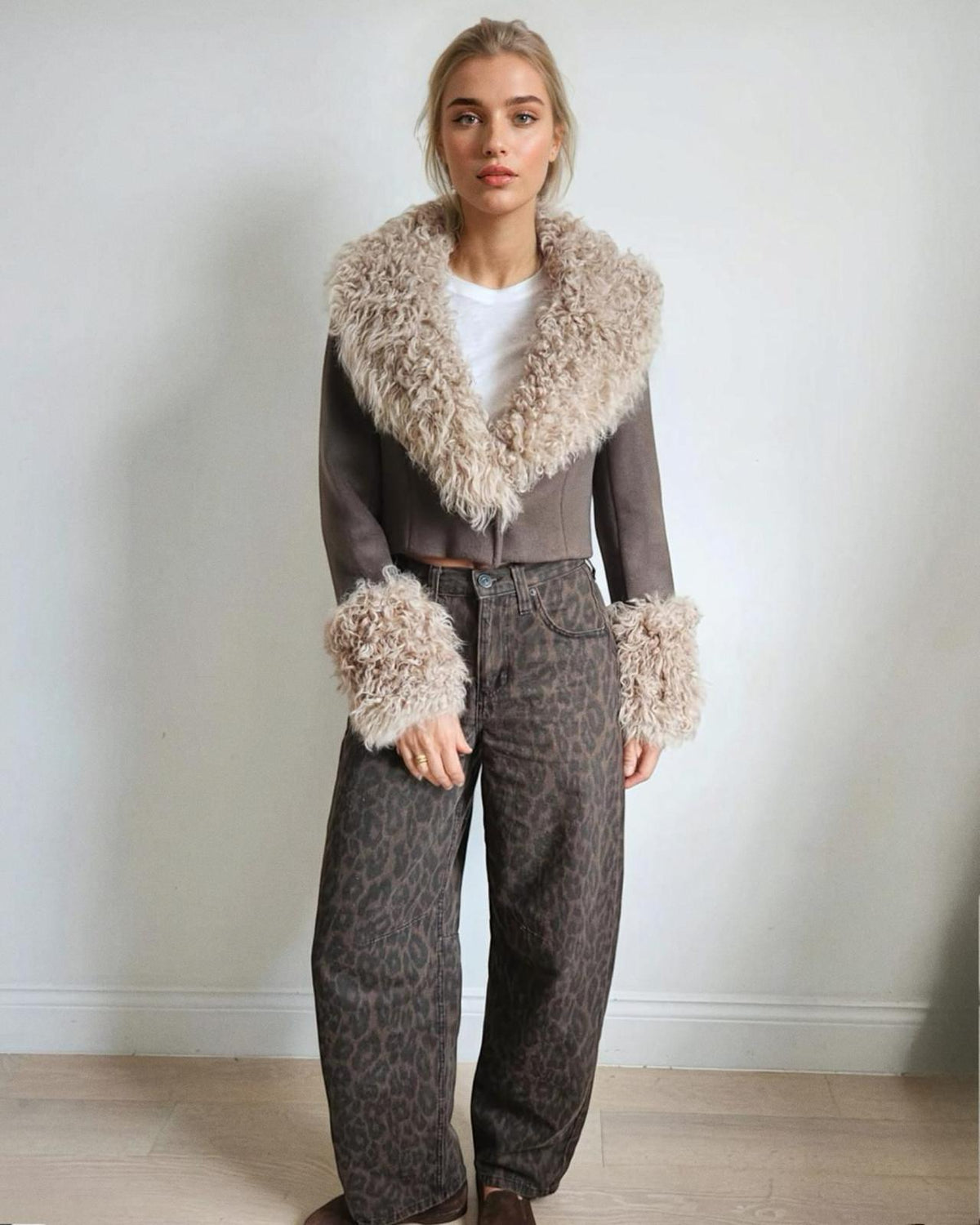 Iman cropped jacket by Aql&Nafs in brown cashmere-wool with shearling collar and cuffs