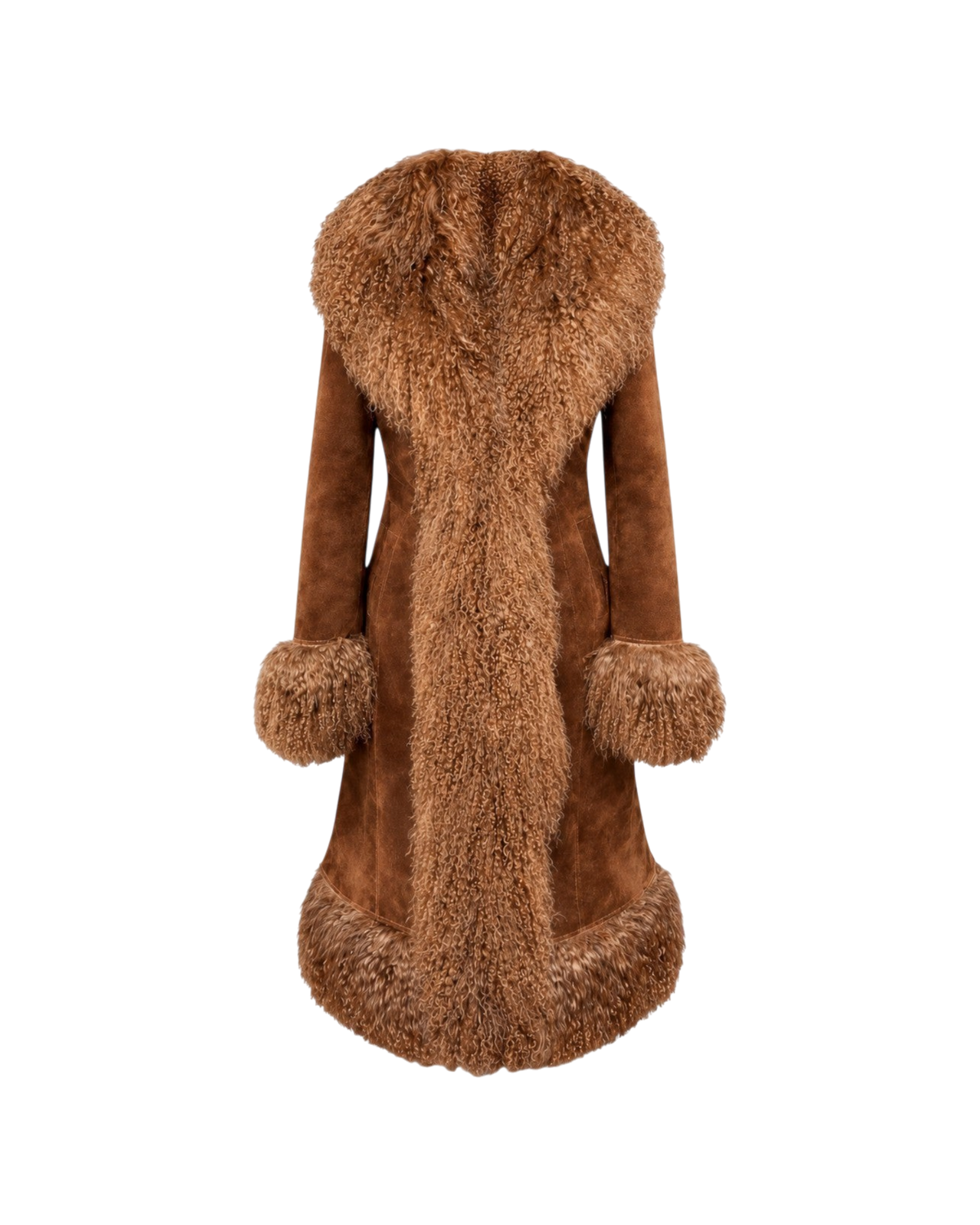 Aql&Nafs Amira Mantel aus braunem Wildleder mit luxuriösem mongolischem Pelzbesatz an Kragen, Ärmeln und Saum.