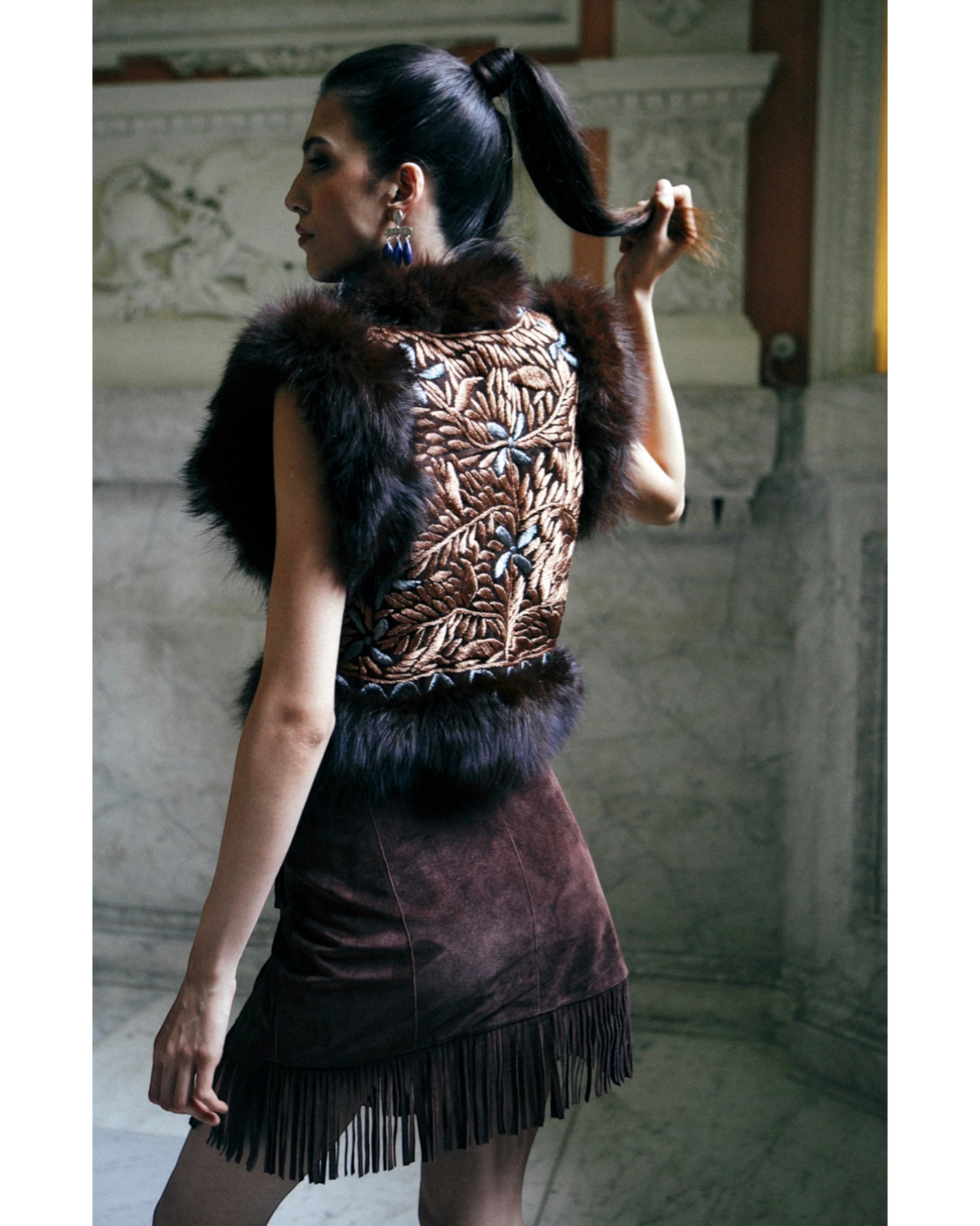 Mastana handmade Afghan vest by Aql&Nafs – gold embroidery, brown rabbit fur