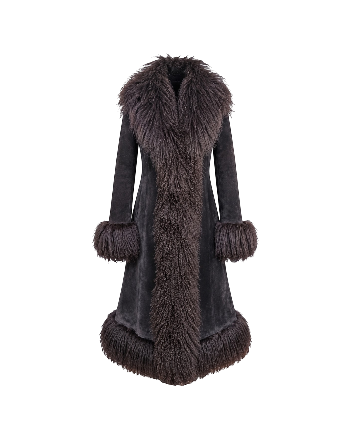 Aql&Nafs Irama Mantel aus dunkelbraunem Wildleder mit luxuriösem mongolischem Pelzbesatz an Kragen, Ärmeln und Saum.