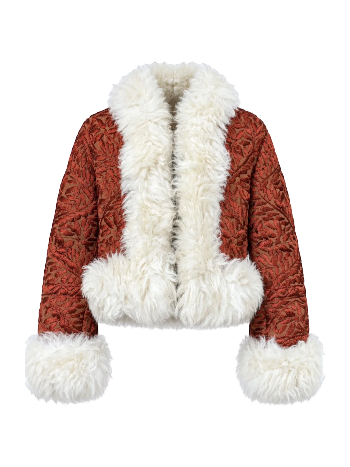 Aql&Nafs Khaira Jacke aus braunem Wildleder mit aufwendiger handgestickter Blumenstickerei und weißem Lammfellbesatz.