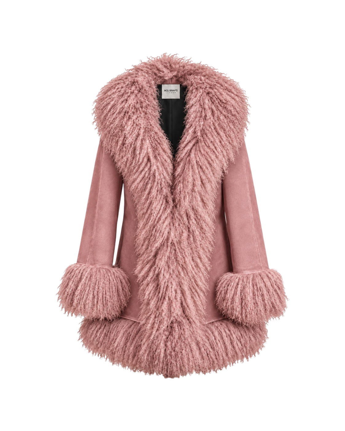 Mitra coat by Aql&Nafs in pink suede with Mongolian shearling at collar and cuffs