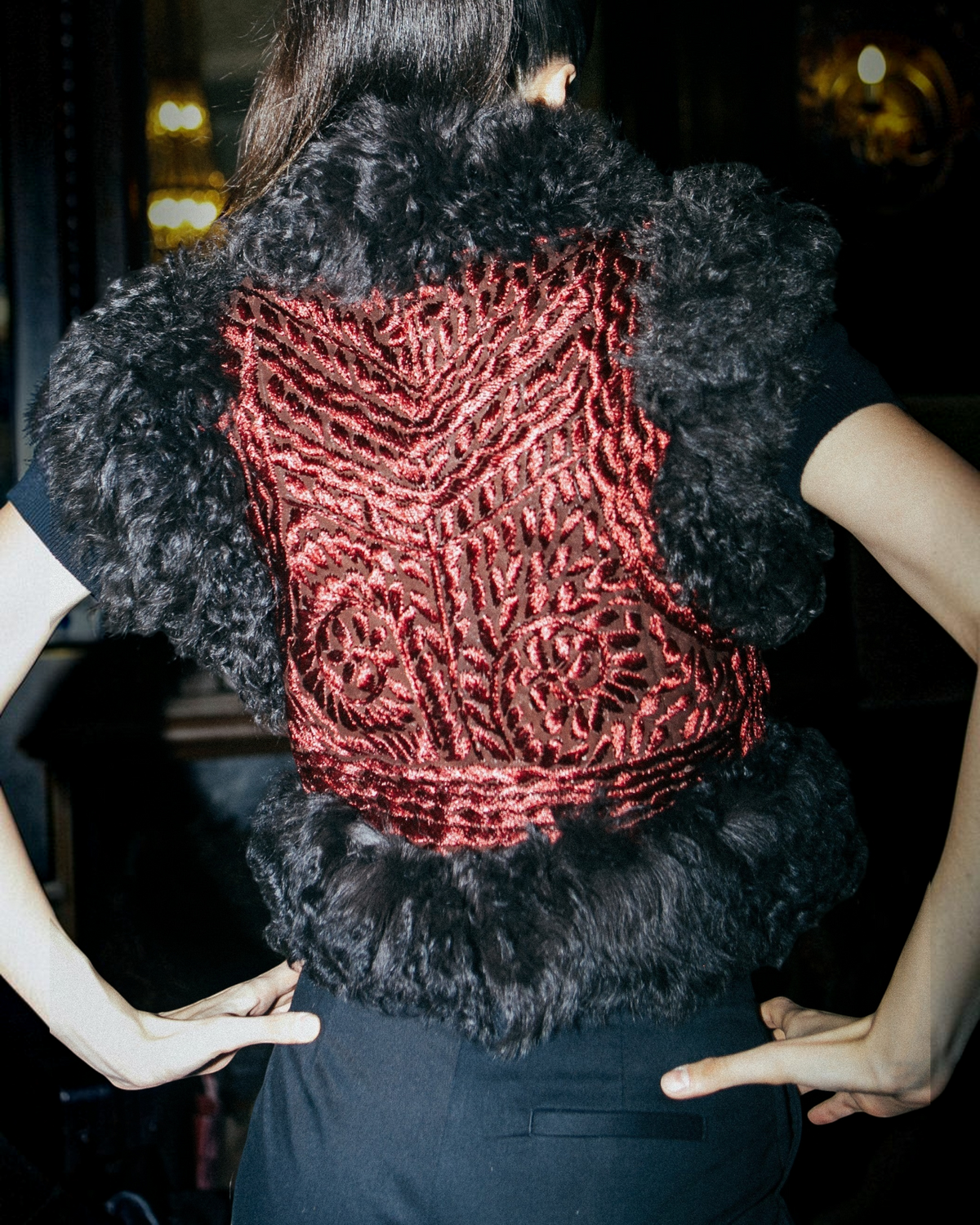 Nadim handmade Afghan vest by Aql&Nafs – brown leather, red embroidery, black shearling