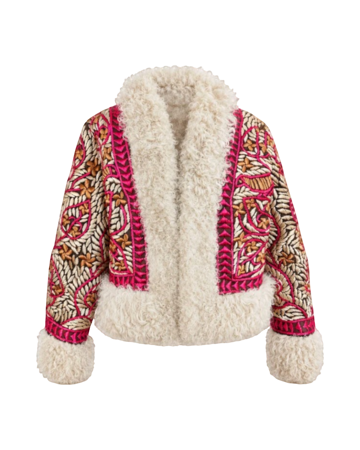 Aql&Nafs Nazia handbestickte, kurze afghanische Jacke mit rosa-goldenen Mustern und cremefarbenem Lammfellbesatz.