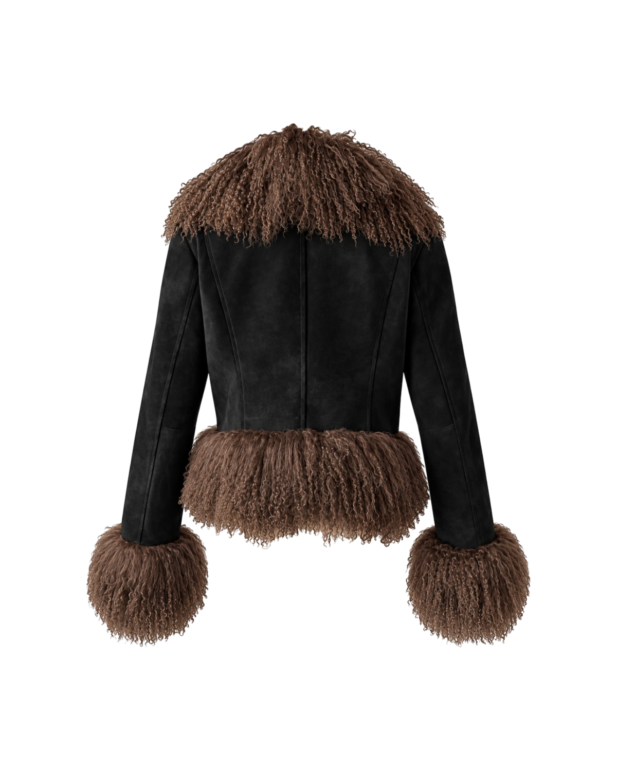 Aql&Nafs Sarita cropped Jacke aus schwarzem Wildleder mit braunem mongolischem Pelzbesatz an Kragen, Saum und Ärmeln