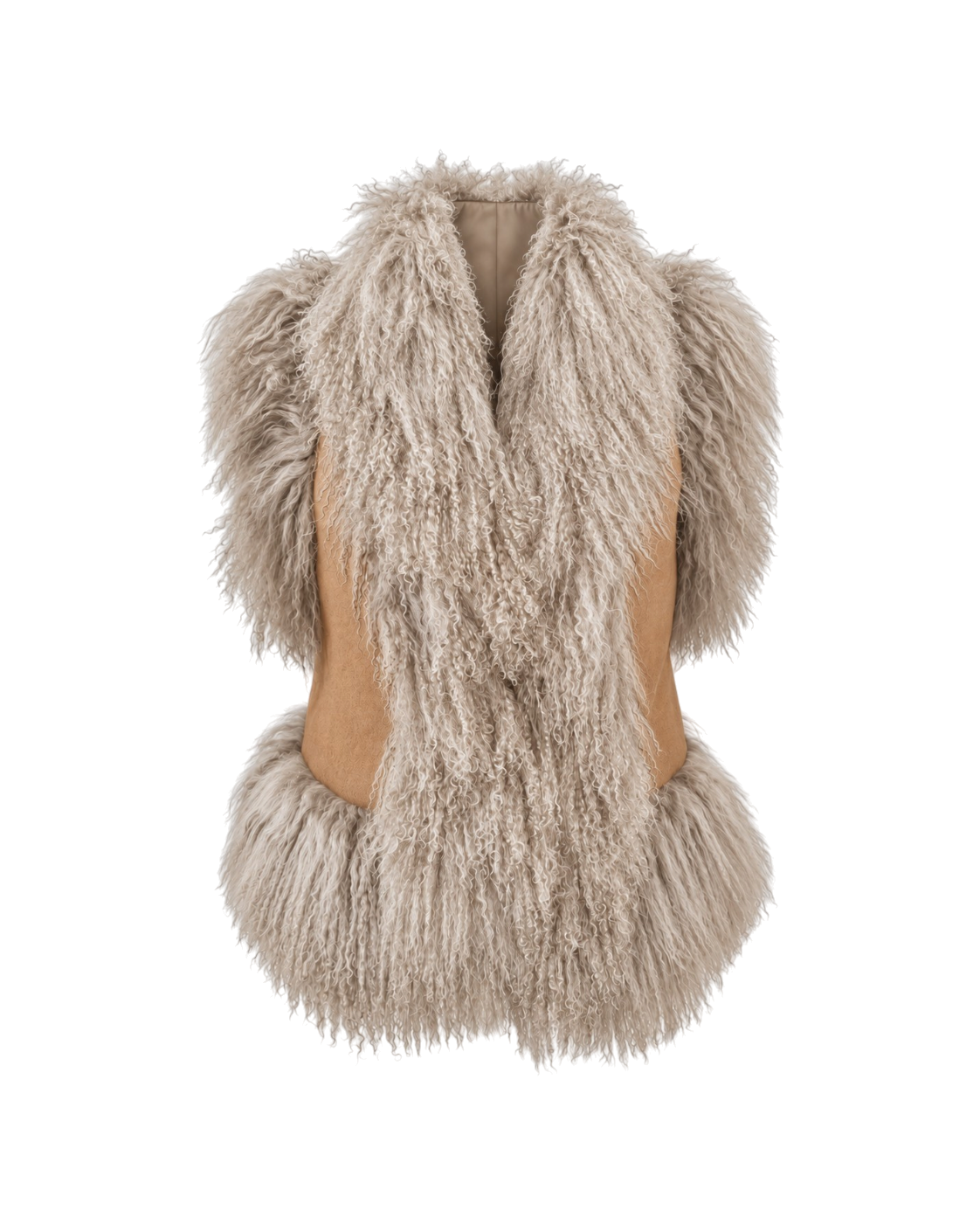 Shaima beige suede vest by Aql&Nafs with long shearling trim