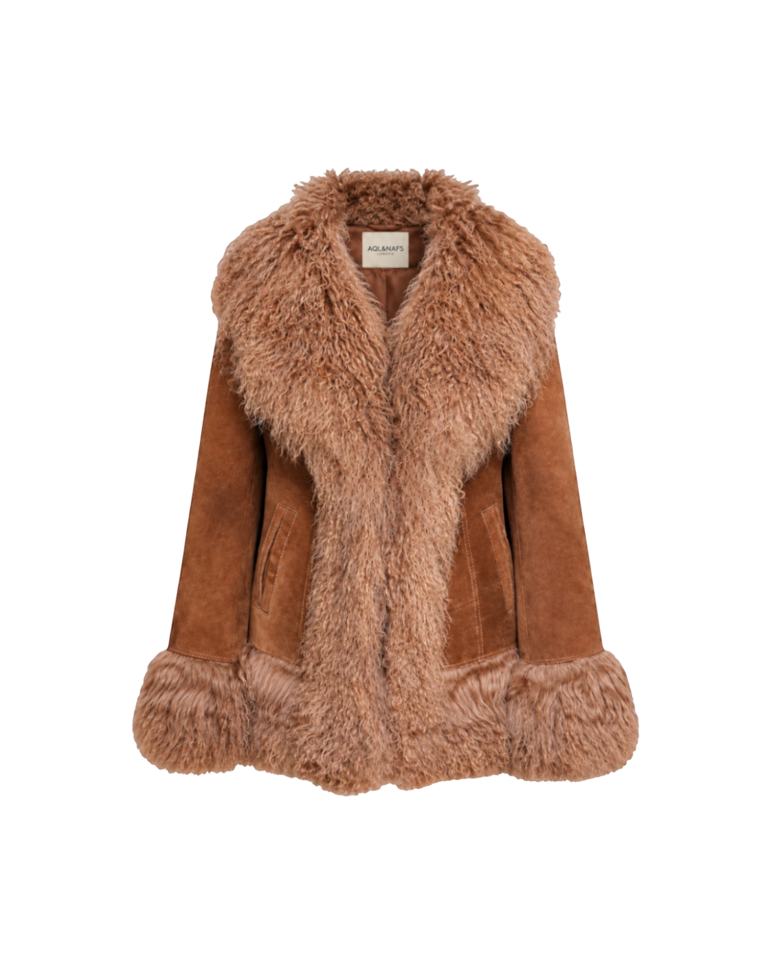 Aql&Nafs Zarifa Wildlederjacke in Braun mit flauschigem mongolischem Pelzkragen und Ärmelbündchen