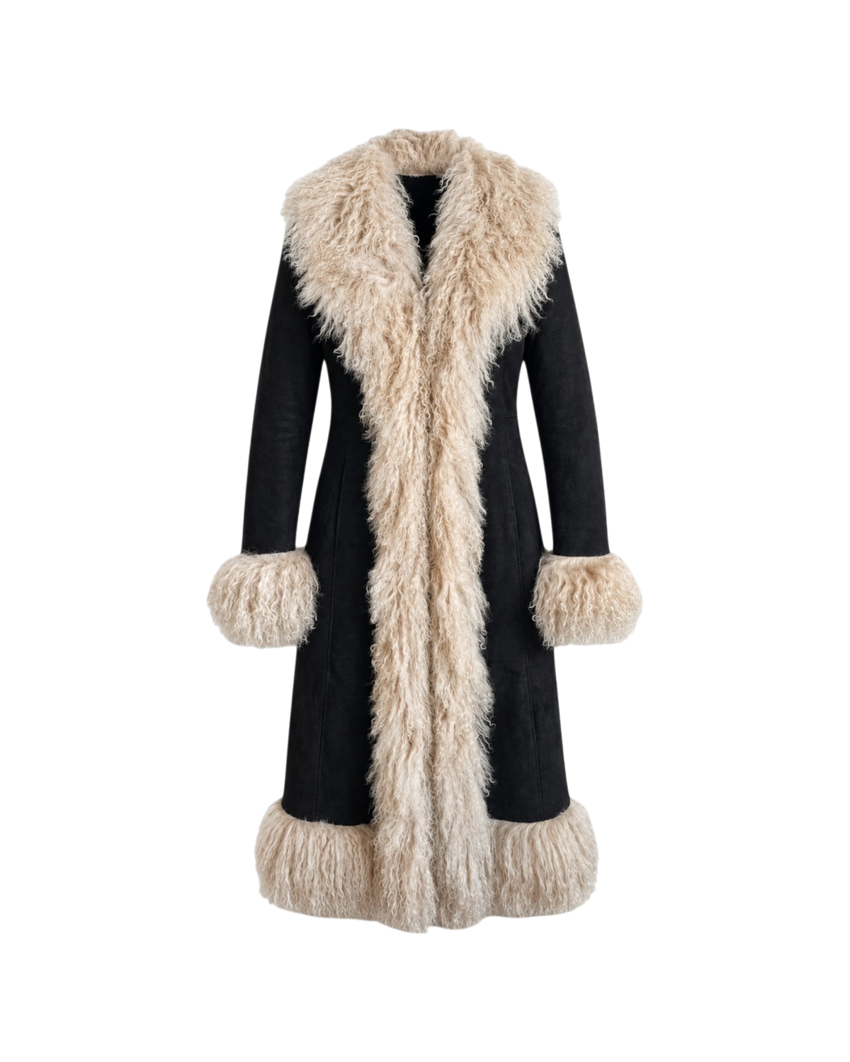 Aql&Nafs Alma Mantel aus schwarzem Wildleder mit luxuriösem, beigem mongolischem Pelzbesatz im traditionellen Stil