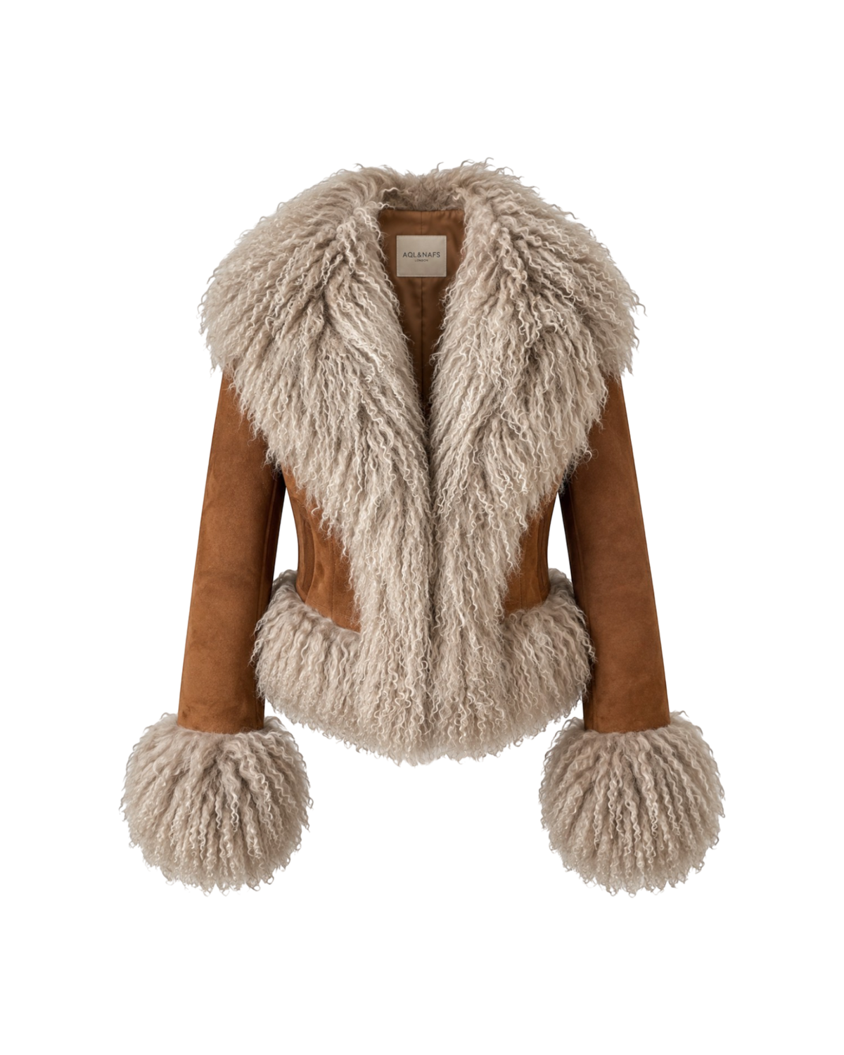 Aql&Nafs Anita cropped Jacke aus kamelfarbenem Wildleder mit luxuriösem, natürlichem mongolischem Fellbesatz