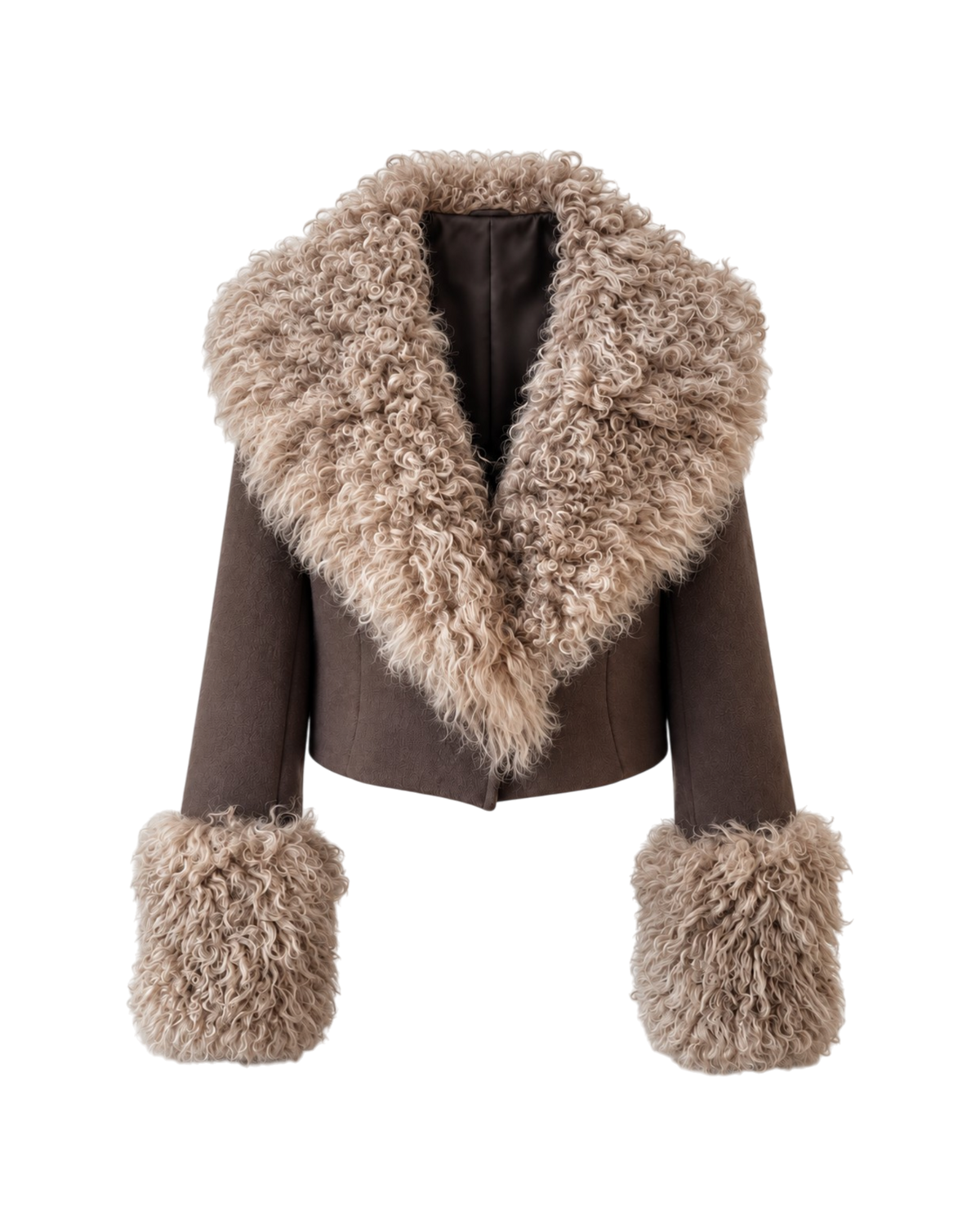 Iman cropped jacket by Aql&Nafs in brown cashmere-wool with shearling collar and cuffs