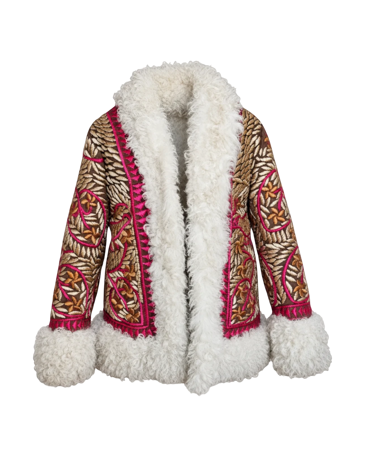 Aql&Nafs Laily Mantel aus schwerem Shearling mit handgestickten floralen Mustern in Bronze und Pink auf Elfenbein
