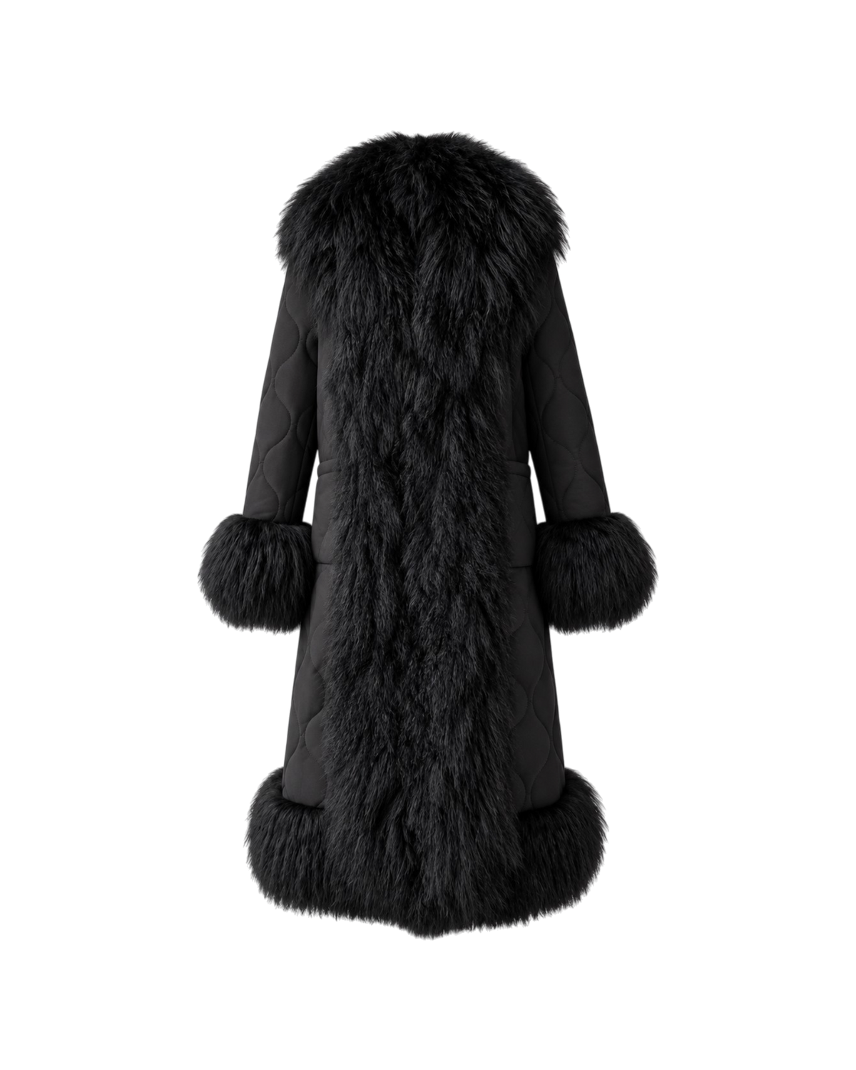 Lani black quilted down coat by Aql&Nafs with Mongolian shearling trim