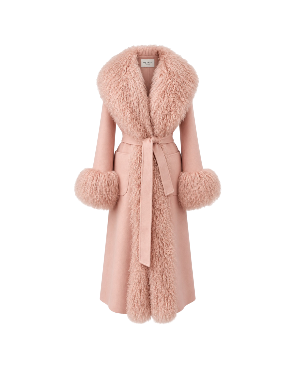 Aql&Nafs Nila Mantel in zartem Rosa aus einer luxuriösen Kaschmir-Woll-Mischung mit flauschigem Fellbesatz an Kragen und Ärmeln.