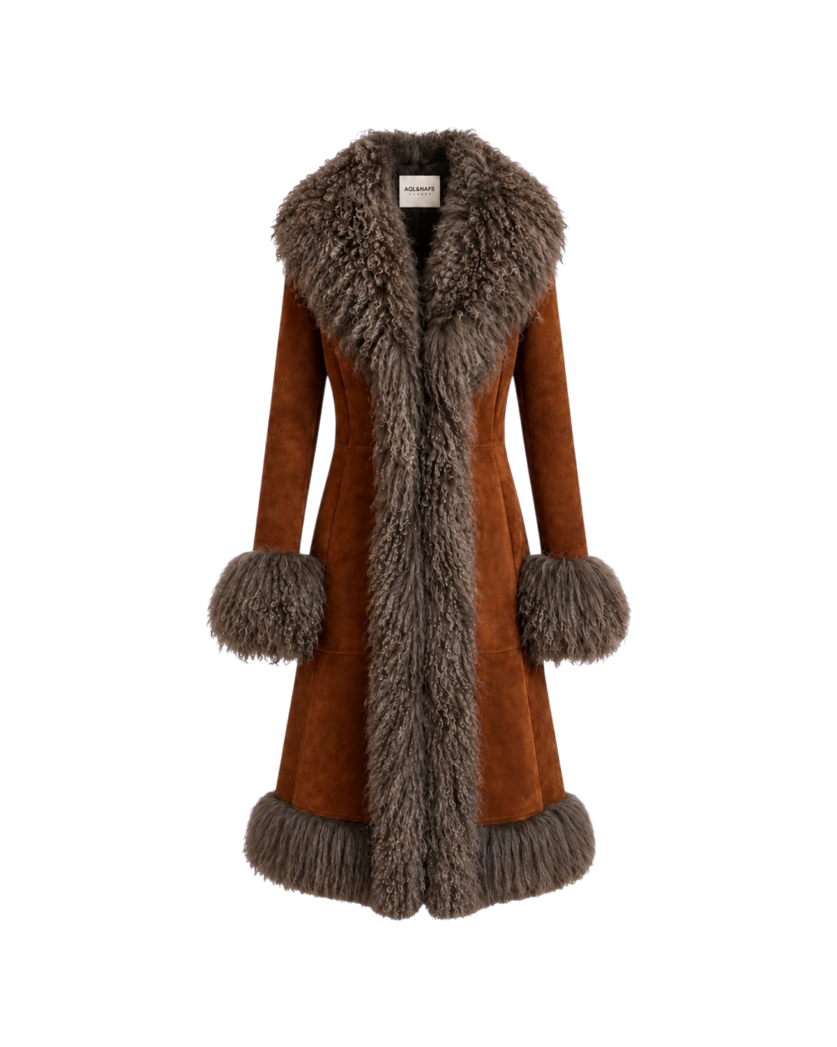 Reihana coat by Aql&Nafs in brown suede with Mongolian shearling at collar, cuffs and hem