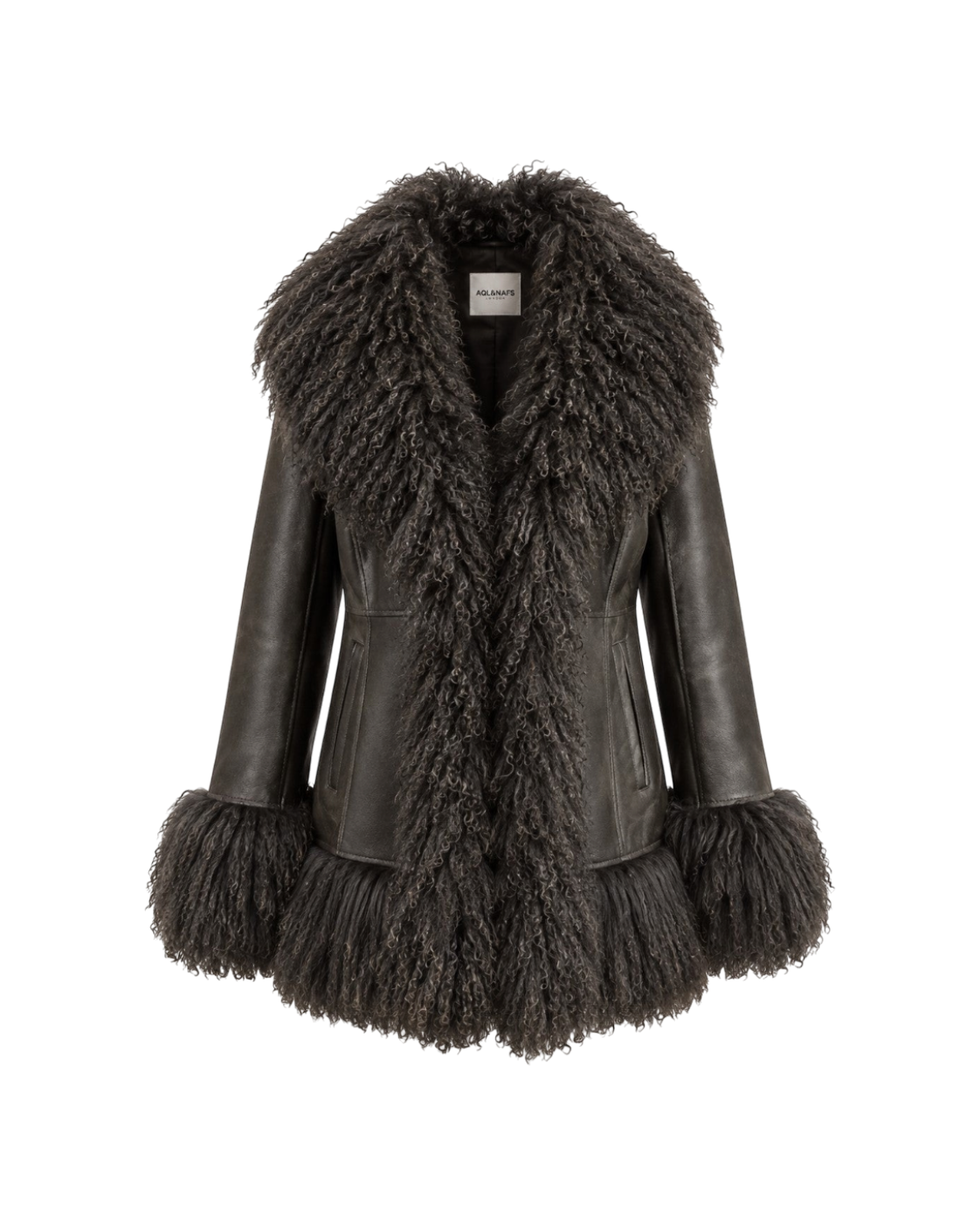 Saman coat by Aql&Nafs in black leather with long-haired black shearling at collar and cuffs