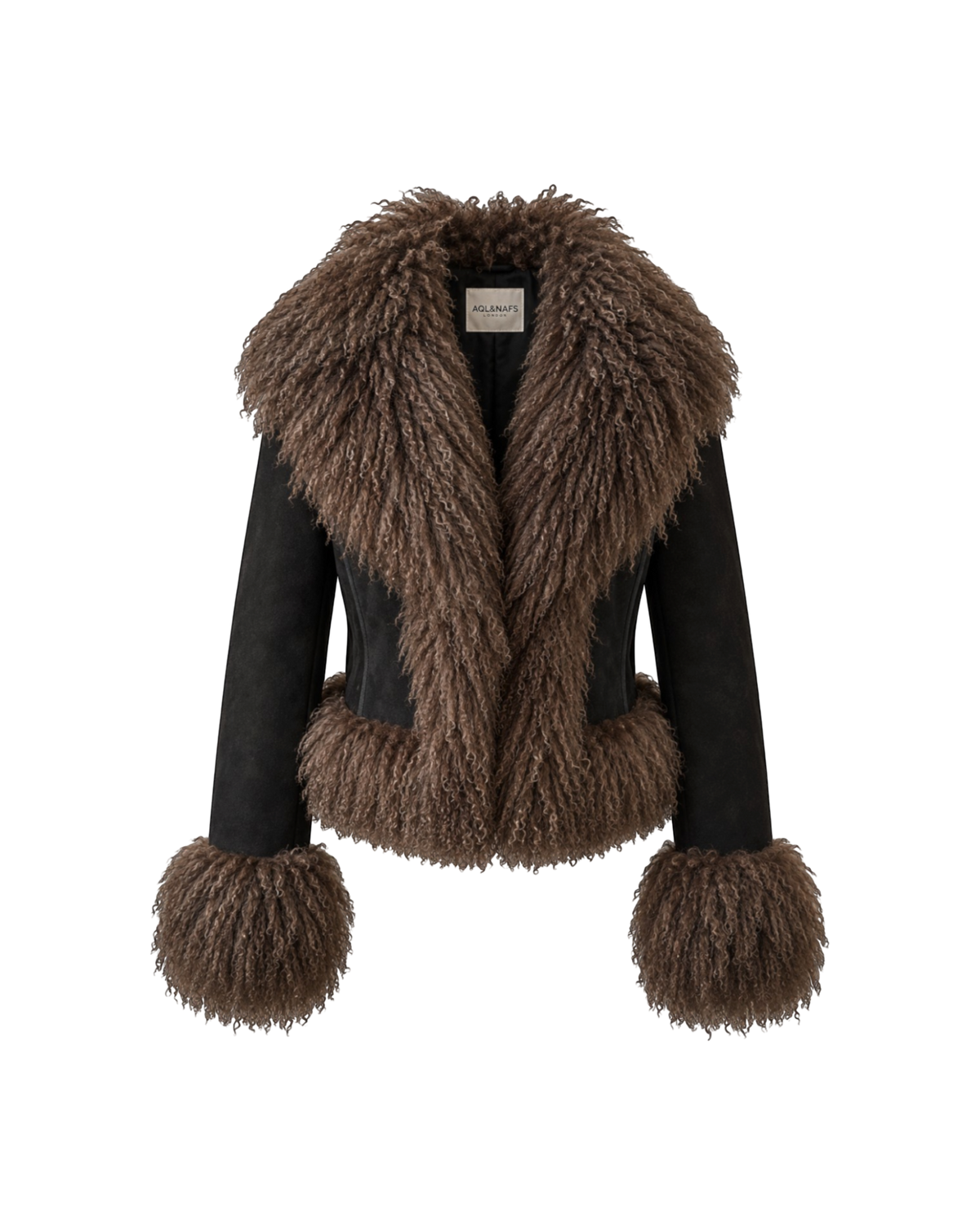 Aql&Nafs Sarita kurze Wildlederjacke in Schwarz mit braunem mongolischem Pelzbesatz an Kragen und Ärmeln
