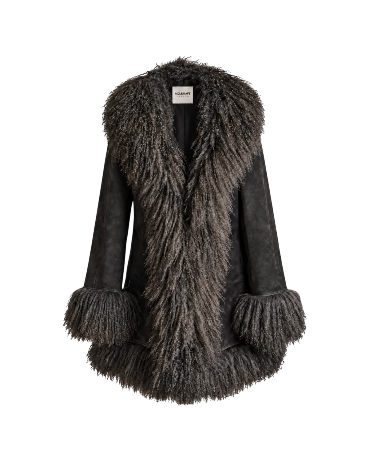 Shiva coat by Aql&Nafs in grey suede with long Mongolian shearling at collar and cuffs