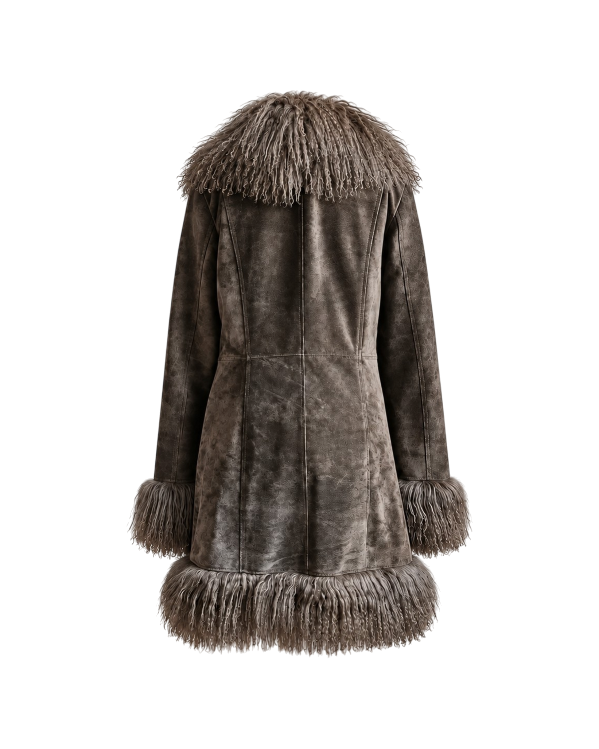 Shiva coat by Aql&Nafs in grey suede with long Mongolian shearling at collar and cuffs