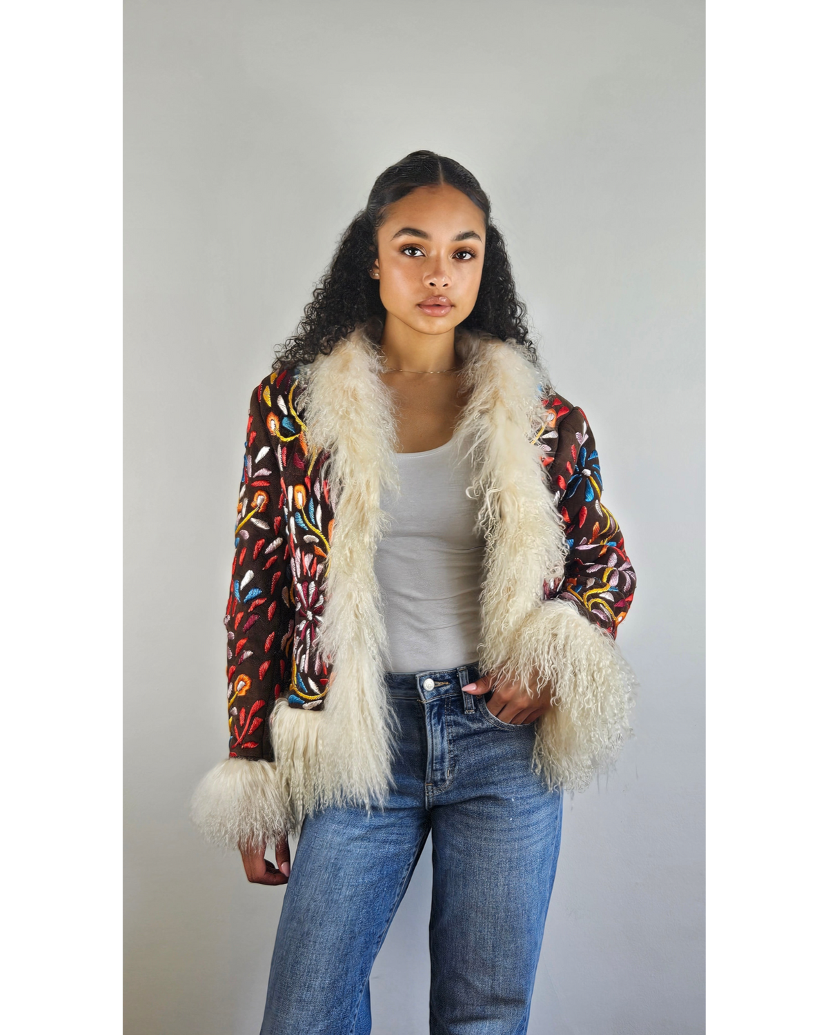 Sulti handmade Afghan jacket by Aql&Nafs – copper leather, floral embroidery, white shearling