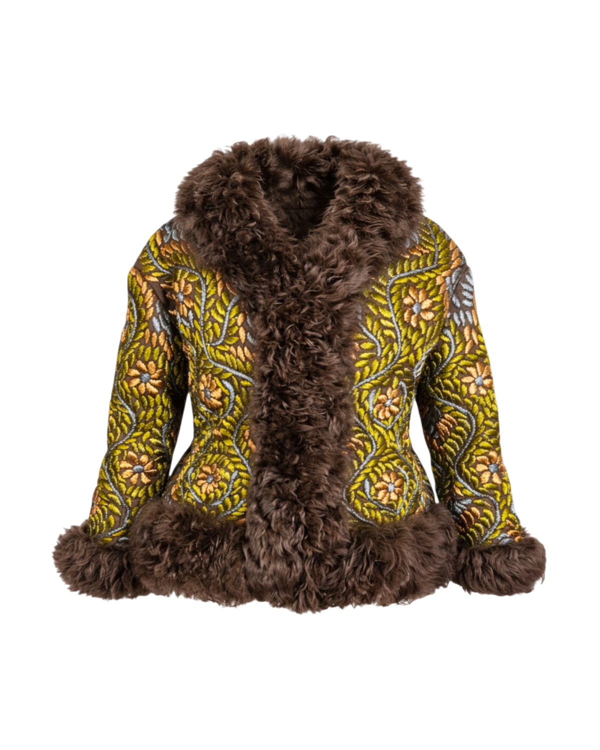 Aql&Nafs Zohra Jacke mit handgestickten grünen und goldenen Mustern und braunem Lammfellbesatz aus Afghanistan