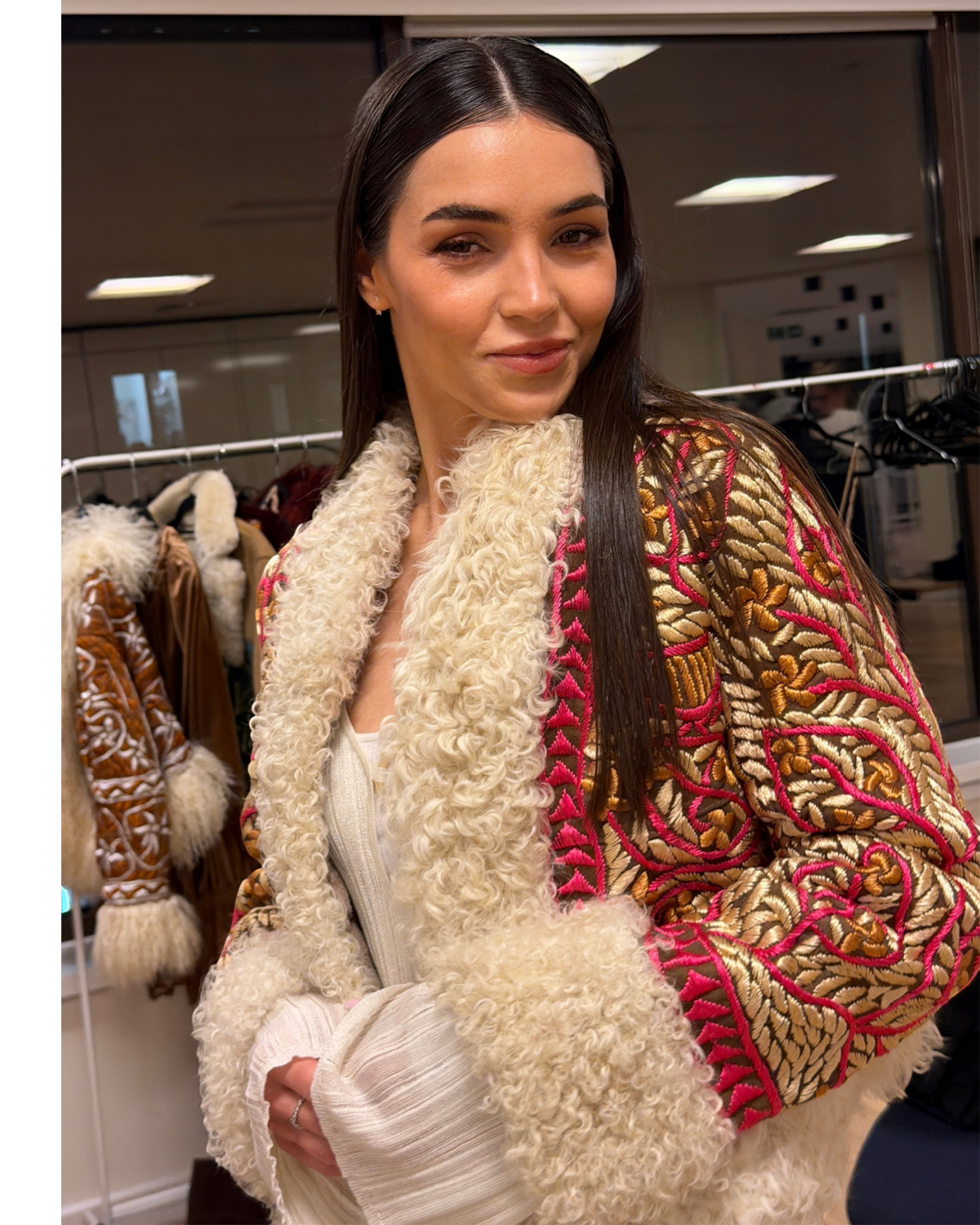 Nazia handmade Afghan cropped jacket by Aql&Nafs – pink-gold embroidery, cream shearling