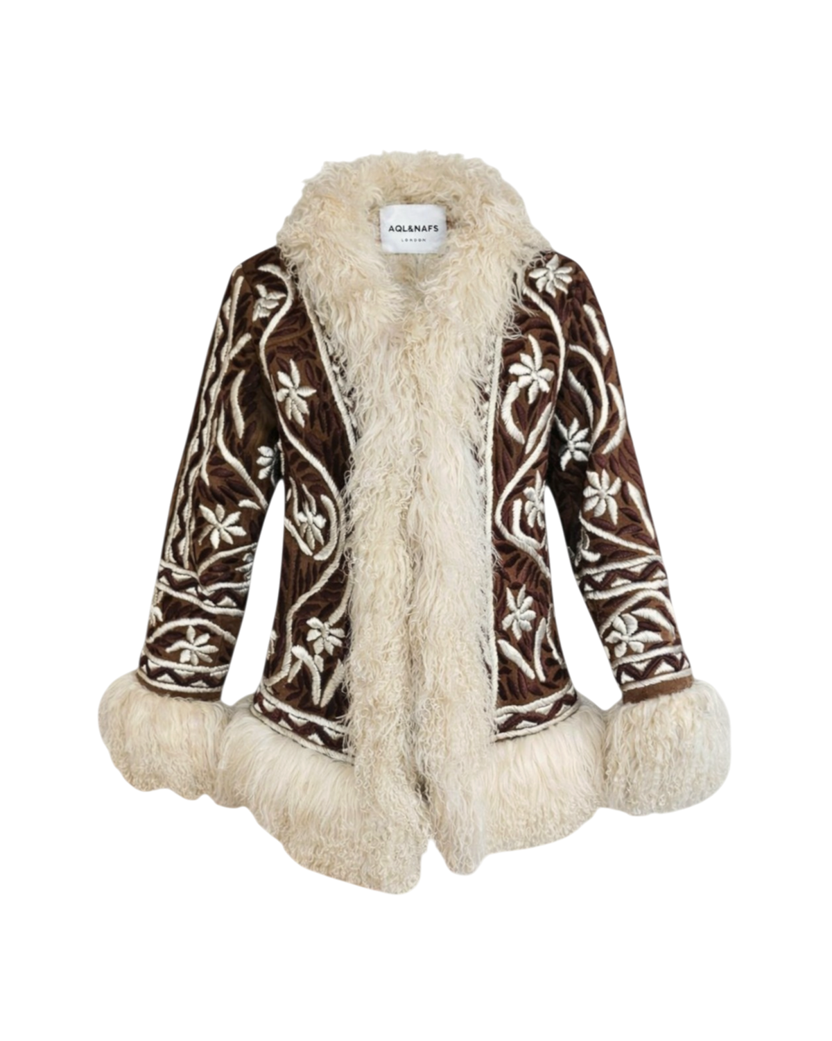 Aql&Nafs Sitara Mantel aus braunem Leder und elfenbeinfarbenem Lammfell mit handgestickten weißen Blumenmotiven.