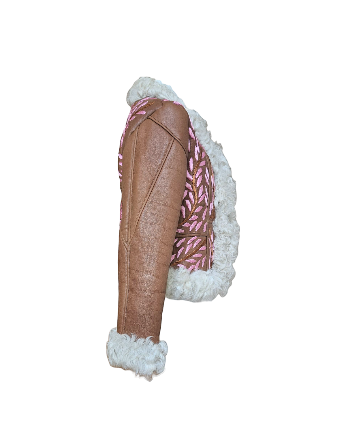 Amal handmade Afghan jacket by Aql&Nafs – brown leather, pink leaf embroidery, cream shearling