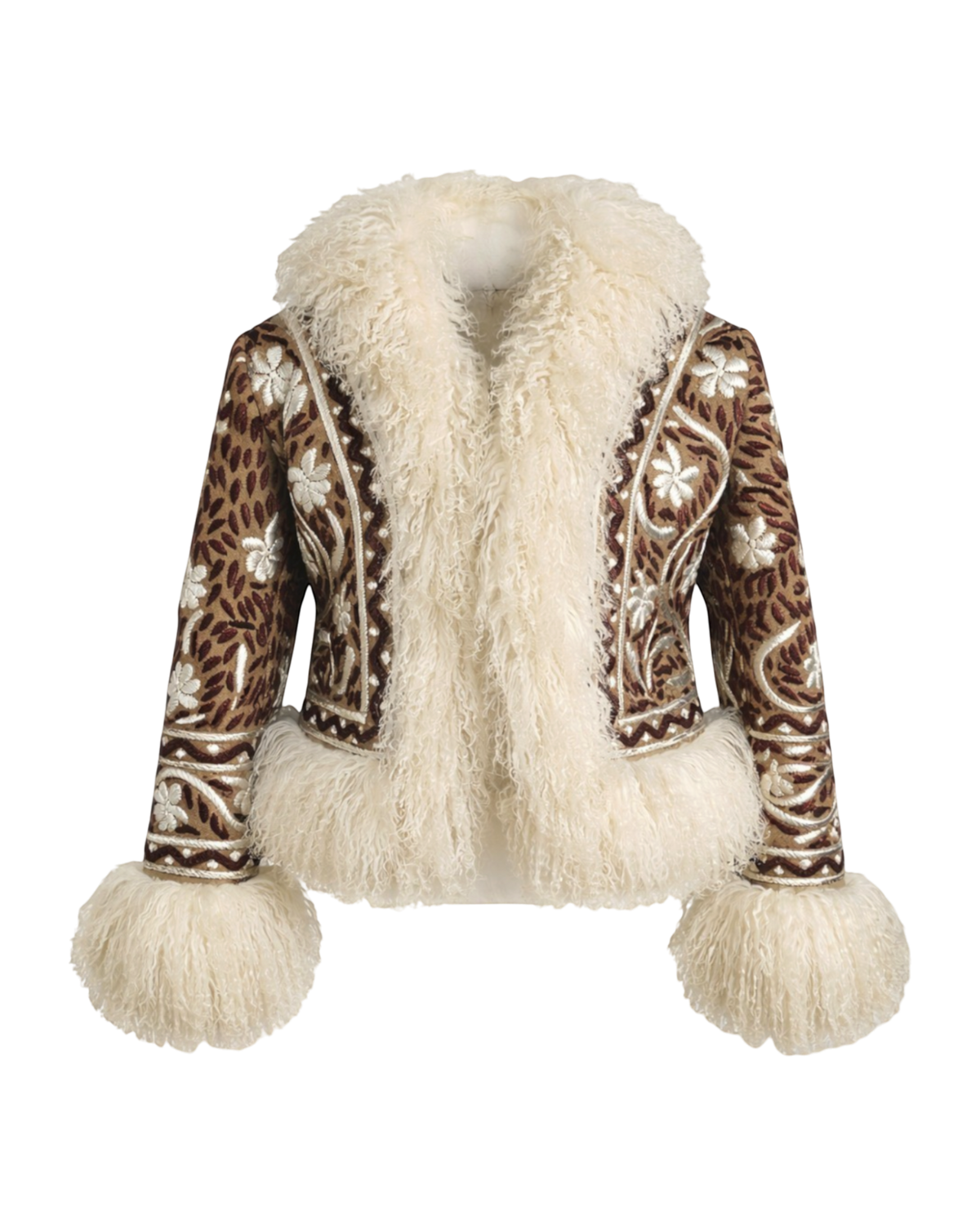 Aql&Nafs Nilufar handgefertigte Lammfelljacke in Braun und Burgunder mit weißer Blumenstickerei und flauschigem Besatz.