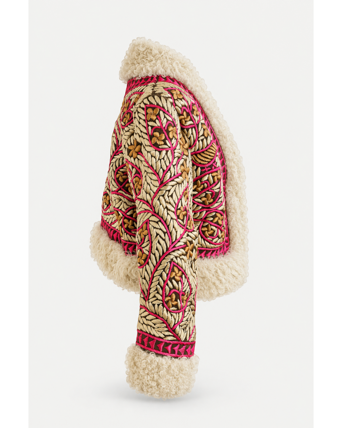 Nazia handmade Afghan cropped jacket by Aql&Nafs – pink-gold embroidery, cream shearling