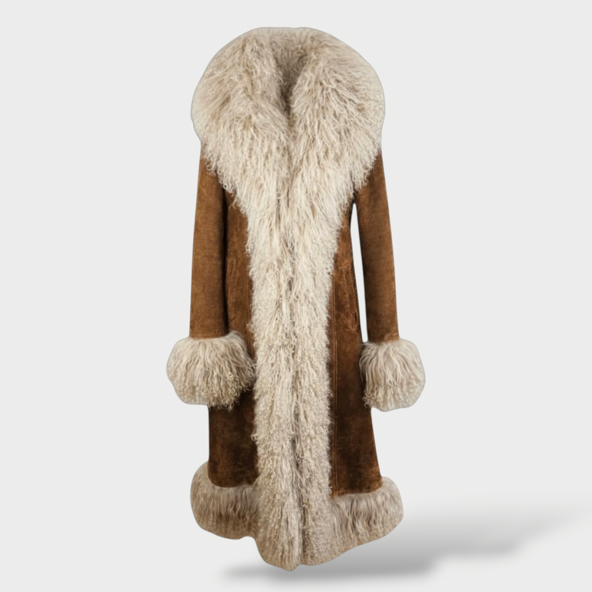 Handmade Elaha Coat: Suede with Mongolian Fur Trim | Aql&Nafs