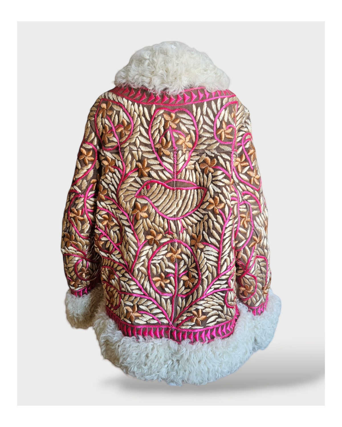 Laily handmade Afghan coat by Aql&Nafs – heavy shearling, bronze and pink floral embroidery