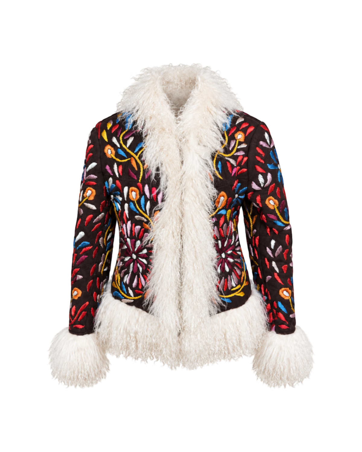 Aql&Nafs Sulti Jacke aus kupferfarbenem Wildleder mit aufwendiger, bunter Blumenstickerei und weißem Lammfellbesatz.