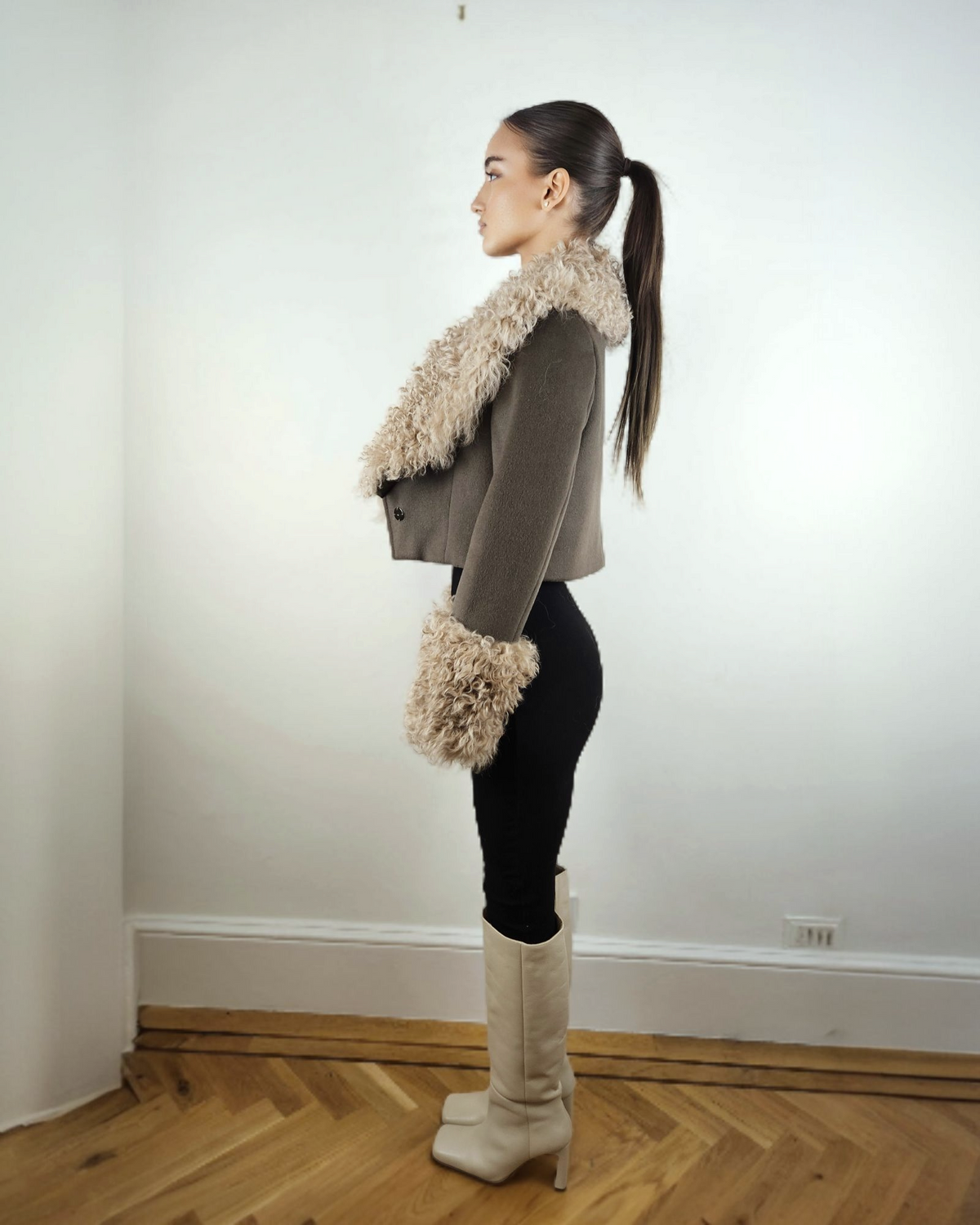 Iman cropped jacket by Aql&Nafs in brown cashmere-wool with shearling collar and cuffs