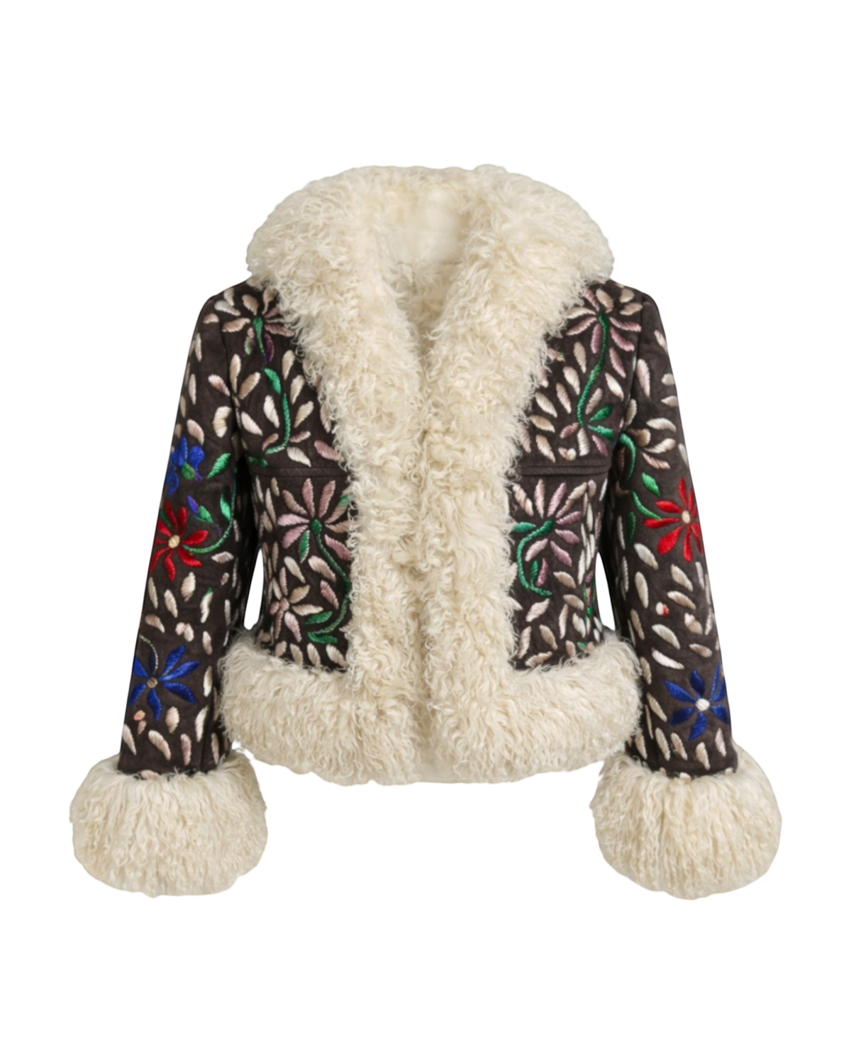 Aql&Nafs Amina Jacke mit handgestickten Blumenmustern, Lammfellbesatz und kurzem Schnitt aus Afghanistan.