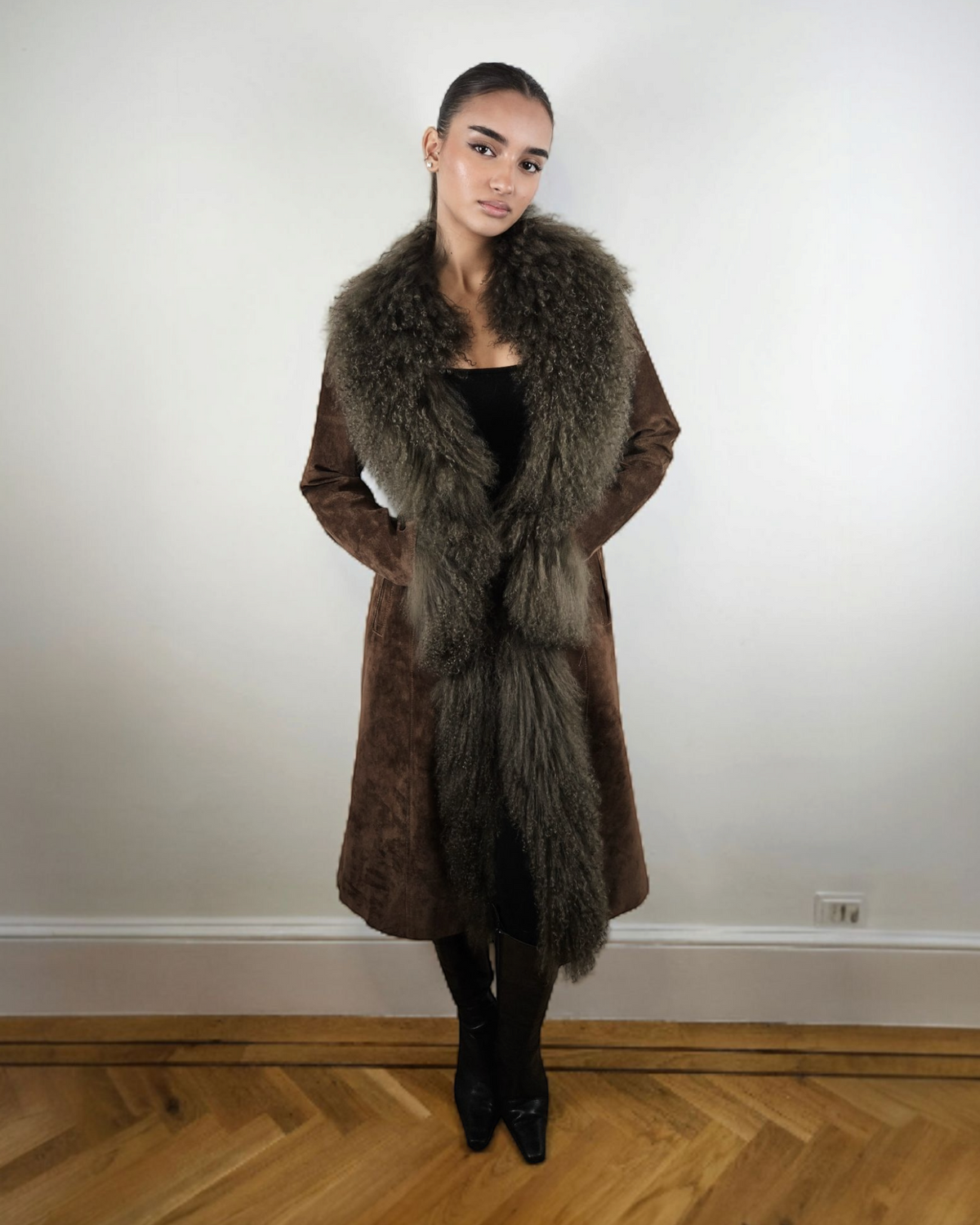 Mina coat by Aql&Nafs in brown suede with grey Mongolian shearling at collar and cuffs