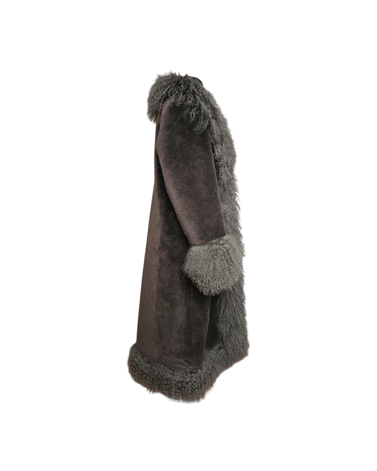 Sara grey teddy coat by Aql&Nafs with long Mongolian shearling trim