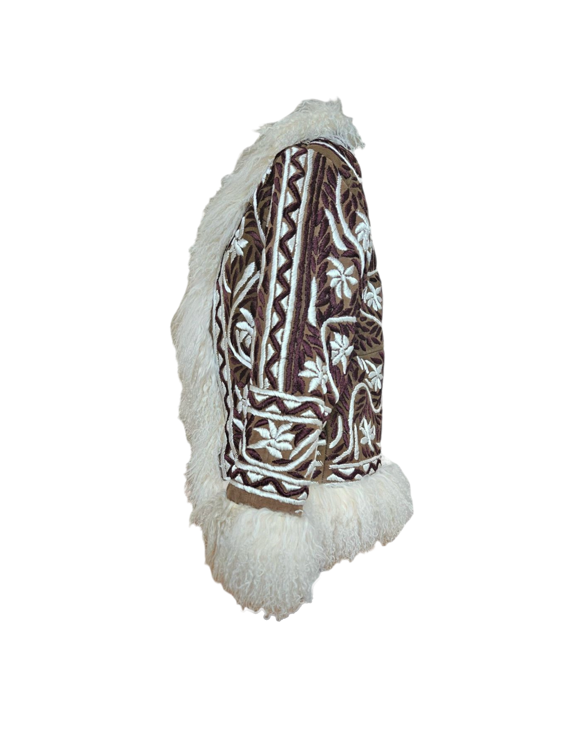 Sitara handmade Afghan coat by Aql&Nafs – brown leather, ivory shearling, white floral embroidery