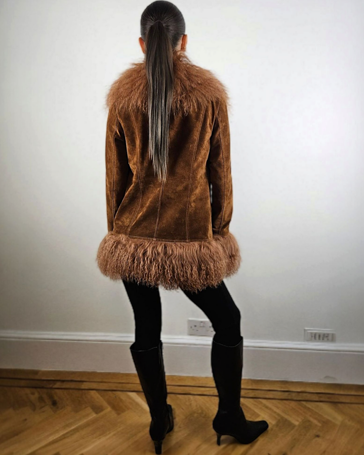 Zarifa coat by Aql&Nafs in brown suede with Mongolian shearling collar and cuffs